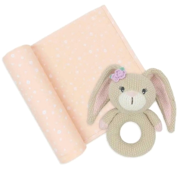 'Amelia Bunny' Swaddle & Ring Rattle Gift Set - Picture 2 of 3